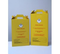 Cutie galbena, cu pictograma de “ Risc biologic “, pentru colectarea deseurilor infectioase rezultate din activitatea medicala, prevazuta cu sac de polietilena. 10,5 litri